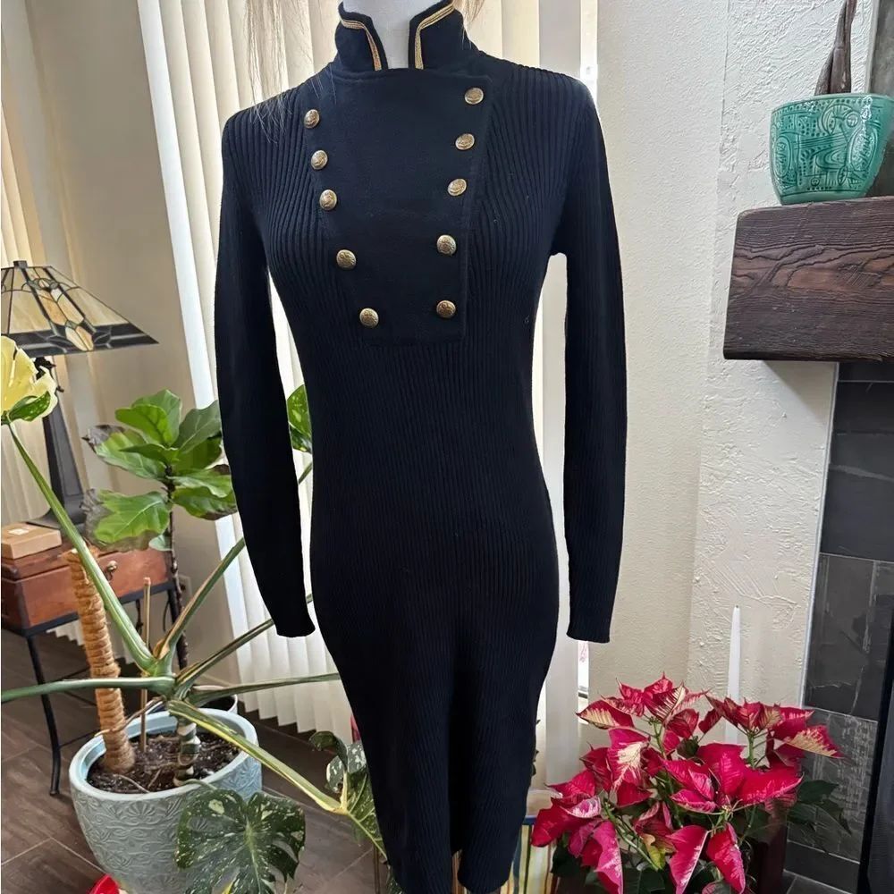 Lauren Ralph Lauren Black Ribbed Knit Military Gold Crest Button Midi Dress EUC